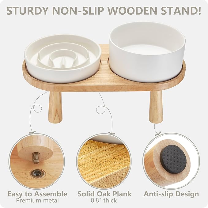 Ceramic Slow Feeder and Water Bowl Set for Small Dogs, Ceramic Dog Bowls Elevated with Wooden Stand, 0.6 Cups Dog Slow Feeder(14oz) and 30oz Water Bowl Set, White