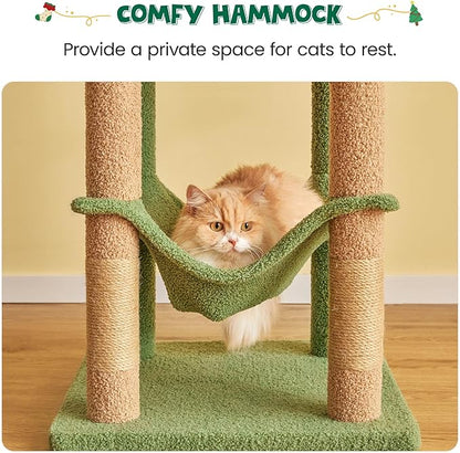 MWPO 63.8 Inches Green Cat Tree for Indoor Cats, Multi-Level Cat Tower with Sisal-Covered Scratching Posts, Padded Platform, Hammock, Dangling Toys, Stable Cat Condo Pet Play House