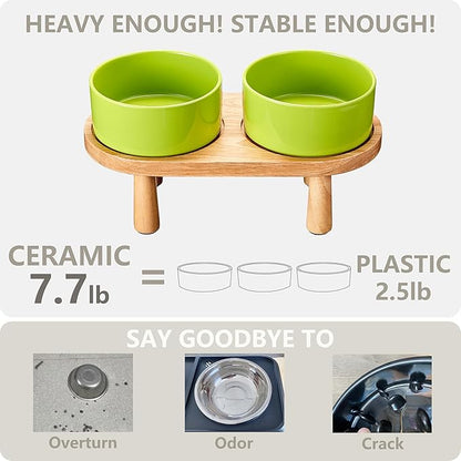 Ceramic Elevated Dog Bowls, Pet Food and Water Bowl Set for Large Dogs, 7.5 Cups Dog Bowls Raised with Wood Stand, 61OZ, Green