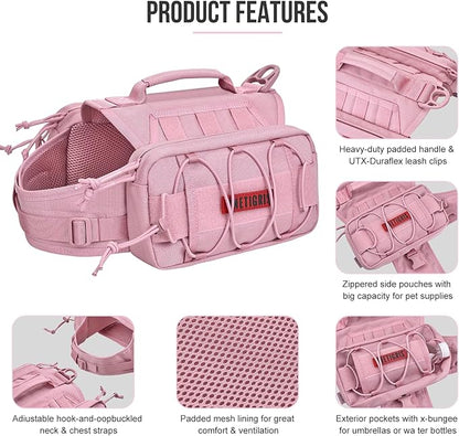 ONETIGRIS Dog Backpack for Medium & Large Dogs, Mammoth Nylon Dog Pack Tactical Backpack Harness with Side Pockets for Hiking Walking Training Running (Pink, Large)