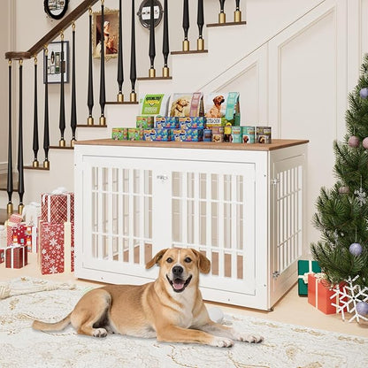 48" Heavy Duty Dog Crate Furniture for Small,Medium and Large Dogs,Rustic Wooden Dog Cage Kennel Indoor Furniture with Waterproof Top,Decorative Pet House Side End Table (White & Wood)