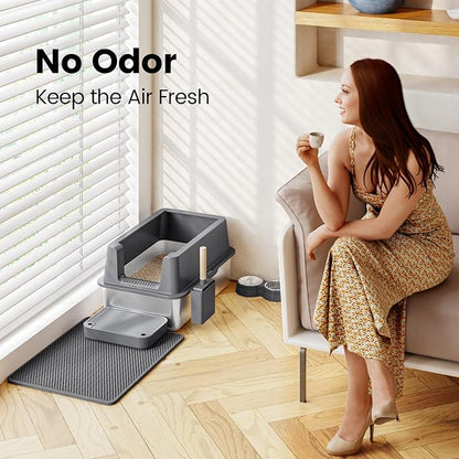 Stainless Steel Cat Litter Box - Enclosed XL Metal Kitty Litter Box with Lid for Big Cats, High Sided, Anti-Leakage, Easy Cleaning, Non-Sticky, Included Litter Mat, Cat Bowl & Spoon