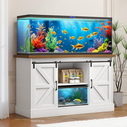 55-75 Gallon Fish Tank Stand with Sliding Barn Doors & Power Outlet, Heavy Duty Aquarium Stand with Cabinet Storage for Fish Tank, Turtle Tank, Reptile Terrarium, 1000LBS Capacity, White