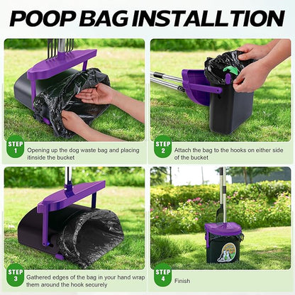 UPSKY Dog Pooper Scooper Swivel Bin & Rake Kit with 100 Waste Bags,33.4" Stainless Steel Long Handle Heavy Duty Pet Poop Shovel for Large Medium Small Dogs, Odor-Proof Lid for Yard/Lawn/Outdoor Use