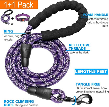 Heavy Duty Dog Leash - Comfortable Padded Handle, 5 ft Long - Dog Leashes for Small Medium Large Dogs (Leash+Collar S Neck 13.5"-16", Purple)