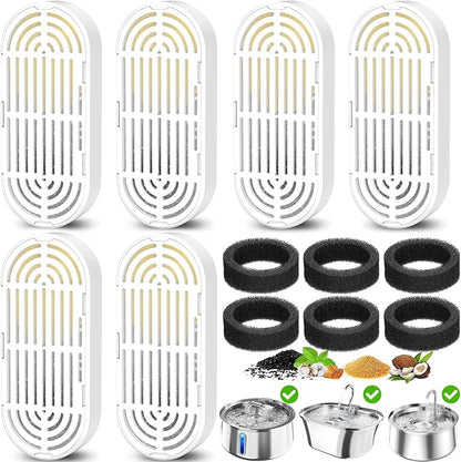 Cat Water Fountain Filters for 108/3.2L& 4L/134oz Stainless Steel Pet Water Dispenser Fountain Filters (6 Filters& 6Sponges) (6 Filters& 6 Sponges)