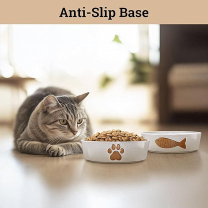Ceramic Cat Bowls Whisker Friendly - Ceramic Cat Bowl Set of 2 Cute Designs with Anti-Slip Bases - Dishwasher & Microwave Safe Food and Water Bowls for Cats - Dishes for Cats - Kitten Food Bowl Set