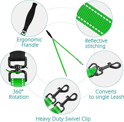 PetBonus Two Point Control Dog Leash, Works with No Pull Harnesses, No Tangle Training Leashes, Soft Padded and Reflective Walking Lead, Converts to Single Lead for Medium Large Dogs (Grass Green)