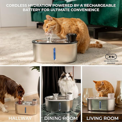 Wireless Cat Water Fountain Stainless Steel, 5200mAh Battery, Ultra Quiet, Automatic Pet Water Dispenser, 108oz/3.2L, Two Flow Modes, BPA-Free, Multi-Filtration, Includes 2 Filters - Black