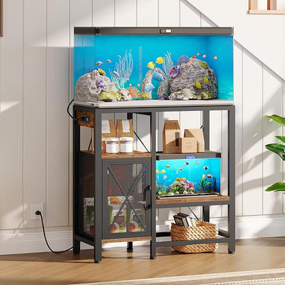 20-37 Gallon Fish Tank Stand, Aquarium Stand with Power Outlet and Storage Cabinet, Heavy Duty Tank Stand Suitable for Turtle Tank, Reptile Terrarium, for Home Office, Rustic Brown FTHR40E01