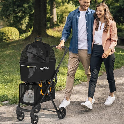 PAWZIDEA Double Pet Stroller with 2 Detachable Carriers, Portable Dog Crate for Car Travel & TSA-Approved Expandable Cat Carrier, Foldable Lightweight Jogger Stroller for 2–4 Cats or Small/Medium Dogs