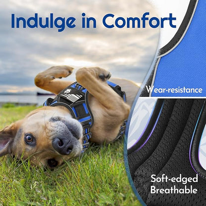 Eagloo Dog Harness Medium Sized, Easy Wearing with 3 Buckles, Adjustable No Pull Pet Harness with 2 Rings for Walking, No Chock Reflective Soft Padded Vest with Control Handle, Blue & Black, M