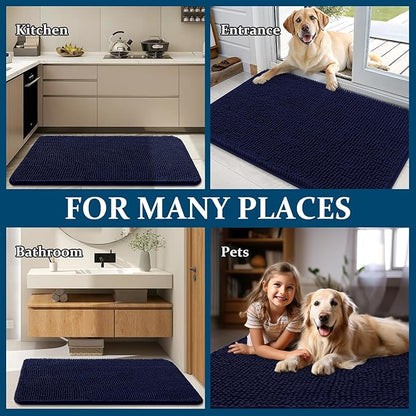 OLANLY Dog Door Mat Set 2-Piece 30x20, Absorbs Moisture and Dirt, Absorbent Non-Slip Washable Doormat, Quick Dry Chenille Mud Mat for Dogs, Entry Indoor Entryway Carpet for Inside Floor, Navy Blue