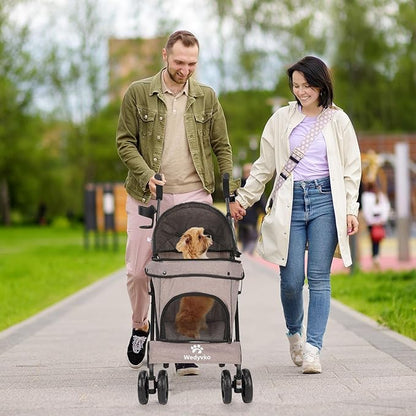 Umbrella Dog Stroller, 4 Wheels Pet Strolling, Foldable Carrier Pet Stroller for Small Dogs Cats, with Carrying Strap and Cup Holder, Dog Poop Bags & Dispenser, Up to 33 lbs, Coffee