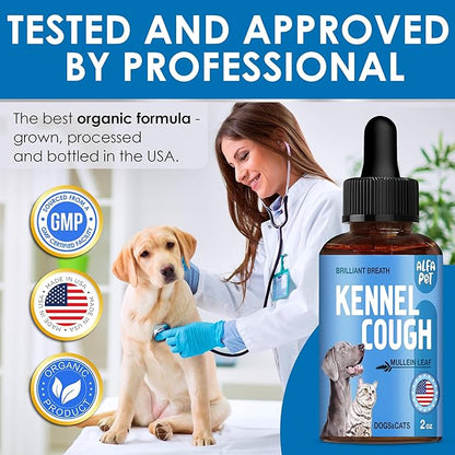 Dog Cough Treatment Liquid • Kennel Cough for Dogs & Cats • for Breathing During All Life Cycle • Marshmallow Root + Mullein Leaf in The Composition • Natural Supplement for All Breeds • 2 Oz