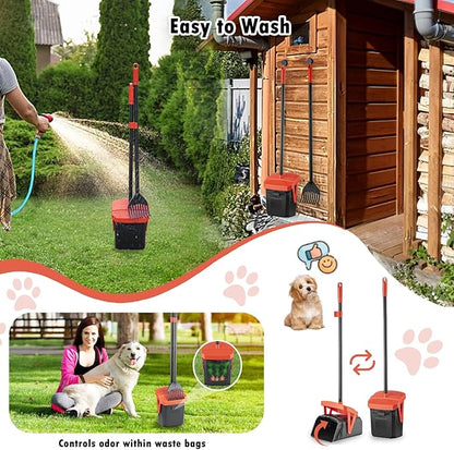 TIMINGILA 36" Pooper Scooper Swivel Bin & Rake with 100 Dog Poop Bags,Adjustable Long Handle for No-Bend Cleanup,Portable Non-Breakable Dog Poop Scooper for Large Medium Small Dogs