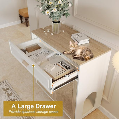 Cat Litter Box Enclosure Furniture Hidden Indoor 2-in-1 Wooden Cat House & Washroom Cabinet with Scratching Board Doors and Drawer, 31.5"x15.7"x34.6"H