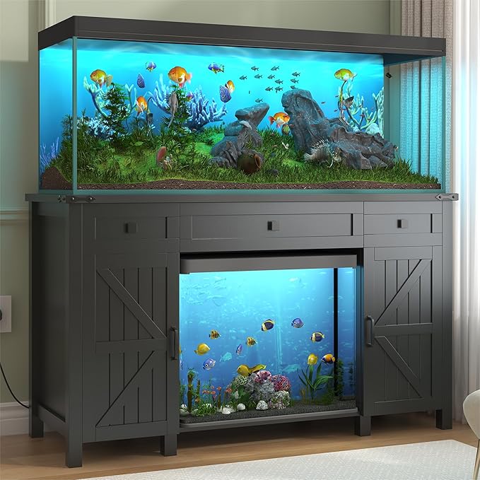 55-75 Gallon Aquarium Stand With Charging Station, Farmhouse Fish Tank Stand, Reptile Tank Stand Terrarium Stand with Drawer and Cabinet Storage, Sturdy Heavy Duty 53.5"×19.7" Tabletop - Black