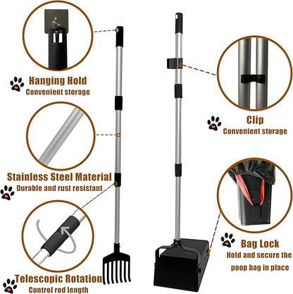 Pooper Scooper Metal 38" Long Adjustable Handle Swivel Bin & Rake for Large & Small Dogs Non-Breakable Dog Poop Scooper Easy to Clean Pet Waste Use on Grass, with 20 Waste Bags