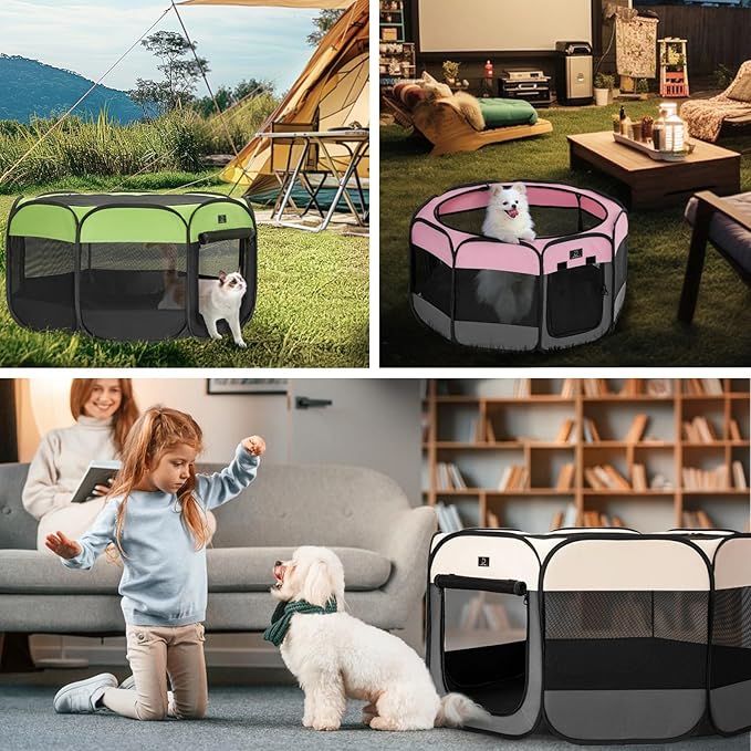 A4Pet Portable Pet Playpen, 49” Pop Up Dog Playpen with Bowl, Suitable for Puppies, Kittens, and Small Animals, Removable Zipper & Mesh Panel(19”W × 12”H)