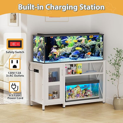 55-75 Gallon Fish Tank Stand with Cabinet, Aquarium Stand for Fish Tank Accessories Storage, Heavy Duty Metal Terrarium Stand, 52" L*19" W Tabletop, 1200LBS Capacity, White