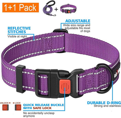 Heavy Duty Dog Leash - Comfortable Padded Handle, 5 ft Long - Dog Leashes for Small Medium Large Dogs (Leash+Collar S Neck 13.5"-16", Purple)