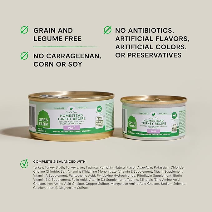 Open Farm Canned Cat Food, Paté for Complete & Balanced Nutrition, Grain-Free and Legume-Free Wet Cat Food, Homestead Turkey Recipe, 2.8oz Cans (Case of 18)