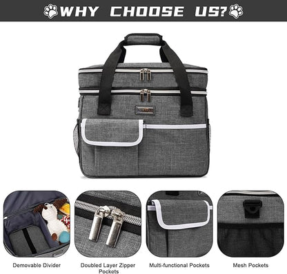 BAGLHER Dog Travel Bag for Supplies - Double-Layer Airline Approved Weekend Pet Travel Organizer Set for Dog and Cat Tote with 2 Pet Food Containers and 2 Collapsible Silicone Bowls Grey