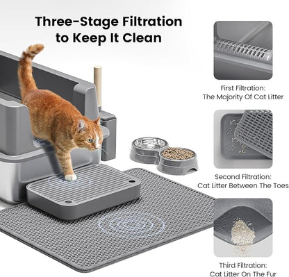Stainless Steel Cat Litter Box - Enclosed XL Metal Kitty Litter Box with Lid for Big Cats, High Sided, Anti-Leakage, Easy Cleaning, Non-Sticky, Included Litter Mat, Cat Bowl & Spoon