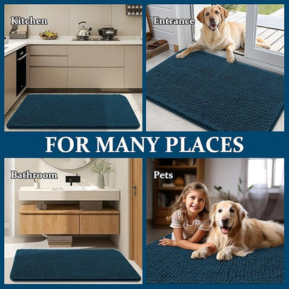 OLANLY Dog Door Mat for Muddy Paws 40x24, Absorbs Moisture and Dirt, Absorbent Non-Slip Washable Doormat, Quick Dry Chenille Mud Mat, Entry Indoor Entryway Carpet for Inside Floor, Atlantic Blue