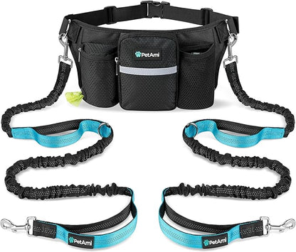 PetAmi Premium Hands Free Dog Leash for 2 Dogs, Adjustable Waist Belt Leash for Dog Walking, Fanny Pack Accessories Bag Dual Bungee Leash for Running, Hiking, Jogging, Biking, Black