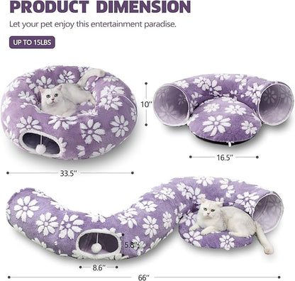 Cat Tunnel for Indoor Cats, Cute Peekaboo Cat Cave with Dangling Balls, Pet Donut Tunnel Bed with Circle Mat for Puppy Kitten Rabbit, Purple