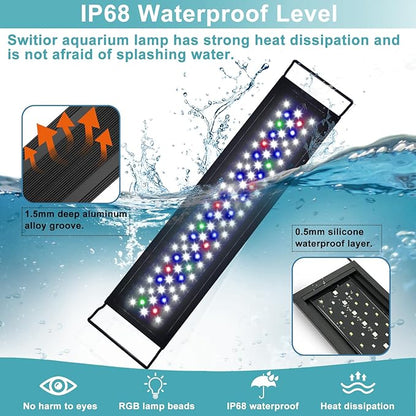 24/7 LED Aquarium Light, IP68 Waterproof Extendable Bracket Fish Tank Light with Timer, 7 Colors, 10 Level Adjustable Brightness, DIY Mode Full Spectrum Aquarium Plant Light for 48-54 Inch Fish Tank