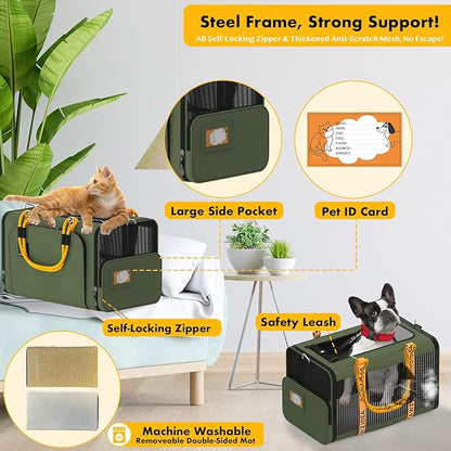 PAWZIDEA Pet Carrier with Wheels, 18x11x11 TSA Airline Approved Cat Carrier for 2 Cats Under Seat, Expandable Soft-Sided Dog Carrier for Small Dogs Rolling Travel Bag with Telescopic Handle, Foldable