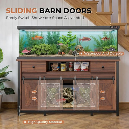 Miereirl 75-120 Gallon Fish Tank Stand with Power Outlet – Heavy Duty Aquarium Stand, Rustic Farmhouse Style, 1000 lb Capacity, Adjustable Storage & Sliding Barn Doors, Light Brown