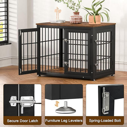 32 Inch Heavy Duty Dog Crate Furniture for Medium and Small Dogs, Decorative Pet House End Table, Wooden Cage Kennel Furniture Indoor, Rustic Brown