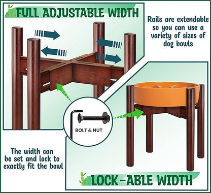 Stand for Dog Water/Food Bowl, Fountain Dishes and Feeders - Makes 14-inch High, Ideal for Large Breeds - Adjustable Sideways with Lock, Dark Wood - Bowls Not Included