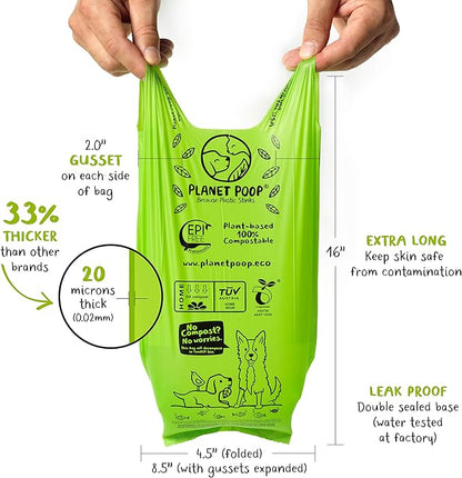 PLANET POOP Home Compostable Dog Poop Bags Extra-long with Handles 120 Un-Scented Pet Waste Bags Plastic Free, Thick Leakproof Plant-Based Doggy Bag, Cats & Dogs Pet Supplies