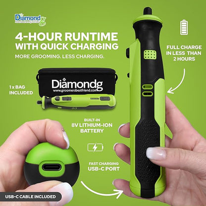 Diamondg Cordless Dog Nail Grinder with Quiet Sound & LED Tip for Large & Small Dogs, 4hrs. Runtime - Electric Dog Nail Trimmer, Heavy Duty Rotary Tool Alternative to Toenail Clippers & Filers