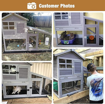 GUTINNEEN Rabbit Hutch for Outdoor Indoor Use, Bunny Cage with PVC Layer and Bottom Wire Netting, Wooden Chicken Coop Rabbit House with UV Roof, Leakproof Tray, Run