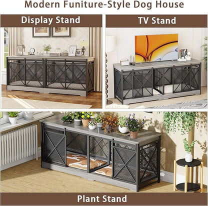 COZPAW 78 Inch Double Dog Crate Furniture, Extra Large Dog Kennel Indoor for Medium Large 2 Dogs, Heavy Duty Dog Cage Chew-Resistant Steel and Wooden Pet House with Removable Divider (Grey)