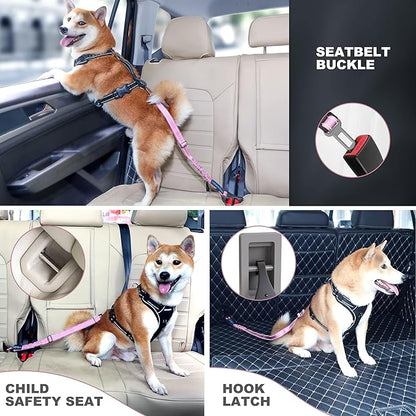 IOKHEIRA Dog Seat Belt 3-in-1 Car Harness for Dogs Adjustable Safety Seatbelt for Car Nylon Reflective Bungee Fabric Dog Car Harness with Clip Hook Latch & Buckle, Swivel Zinc Alloy Carabiner (Pink)