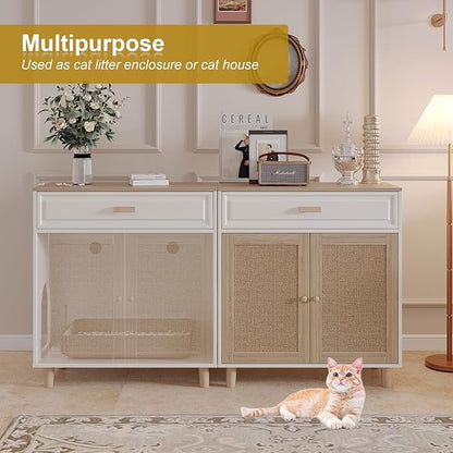 Cat Litter Box Enclosure Furniture Hidden Indoor 2-in-1 Wooden Cat House & Washroom Cabinet with Scratching Board Doors and Drawer, 31.5"x15.7"x34.6"H
