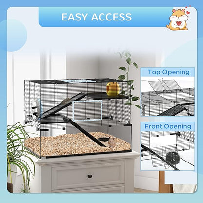 PawHut Large Hamster Cage with Deep Tempered Glass Bottom, 3 Tiers Hamster Tank with Running Wheel, Hut, Water Bottle, Dish, Rat Cage for Syrian, Dwarf, Gerbils, Mouse, 31" x 19" x 21.5", Black