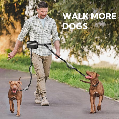 Hands Free Dog Leash with Pouch, Double Leash for Two Dogs, Retractable Bungee with Double Padded Handles, Dog Waist Leash for Dog Walking,Dog Walking Accessories,Black Grey