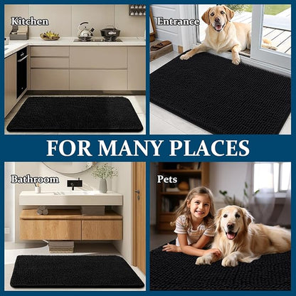 OLANLY Dog Door Mat Set 4-Piece 24x16, Absorbs Moisture and Dirt, Absorbent Non-Slip Washable Doormat, Quick Dry Chenille Mud Mat for Dogs, Entry Indoor Entryway Carpet for Inside Floor, Black