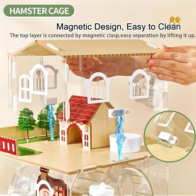 17 in 1 Clear Acrylic Hamster Cage with All Accessories,13.5''L* 10''W* 21''H Dwarf Hamster Cage,Magnetic Connection Small Hamster Enclosure,Garden Style Wooden Mouse Cage for Pet Mice(3-Layer,Pink)
