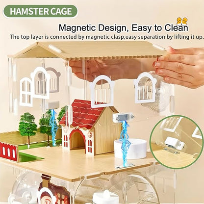 17 in 1 Clear Acrylic Hamster Cage with All Accessories,13.5''L* 10''W* 21''H Dwarf Hamster Cage,Magnetic Connection Small Hamster Enclosure,Garden Style Wooden Mouse Cage for Pet Mice(3-Layer,Pink)
