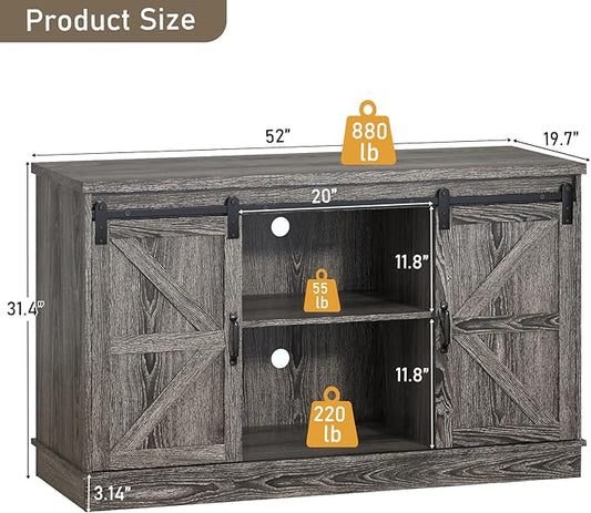 Farmhouse 55-75 Gallon Fish Tank Stand with Power Outlet, Aquarium Stand with Cabinet&Sliding Barn Door, Heavy Duty Reptile Tank Stand for 2 Fish Tank/Turtle Tank/Reptile Terrarium, Grey