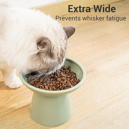 Extra Wide Elevated Ceramic Cat Food Bowl - 6.2" Shallow Dish for Whisker Fatigue Relief, 5" Height for Easy Feeding, Lead & Cadmium Free, Durable Raised Cat Food Bowls, Sage Green